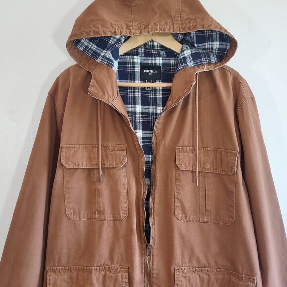 Forever 21 Men's Cargo Utility Chore Jacket Hood Flannel Lined  Size XL - Picture 7 of 12